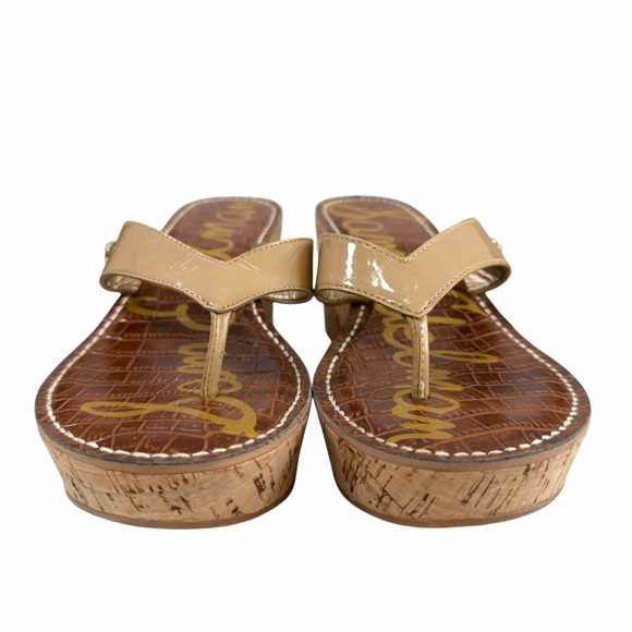 Sam Edelman Romy Faux Patent Platform Cork Wedge Thong Sandals Tan Size 8M - Picture 5 of 15